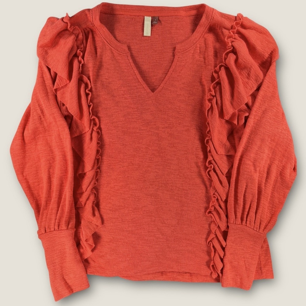Pilcro Anthropologie Top Small Coral Red Ruffle Balloon Sleeve Textured Boho